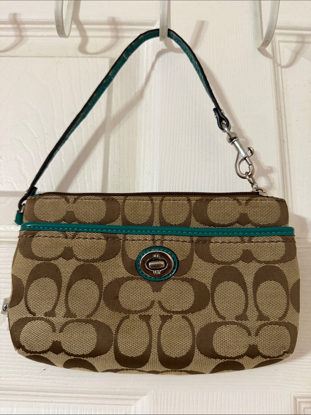 Coach Khaki Signature Canvas Wristlet with Teal Trim